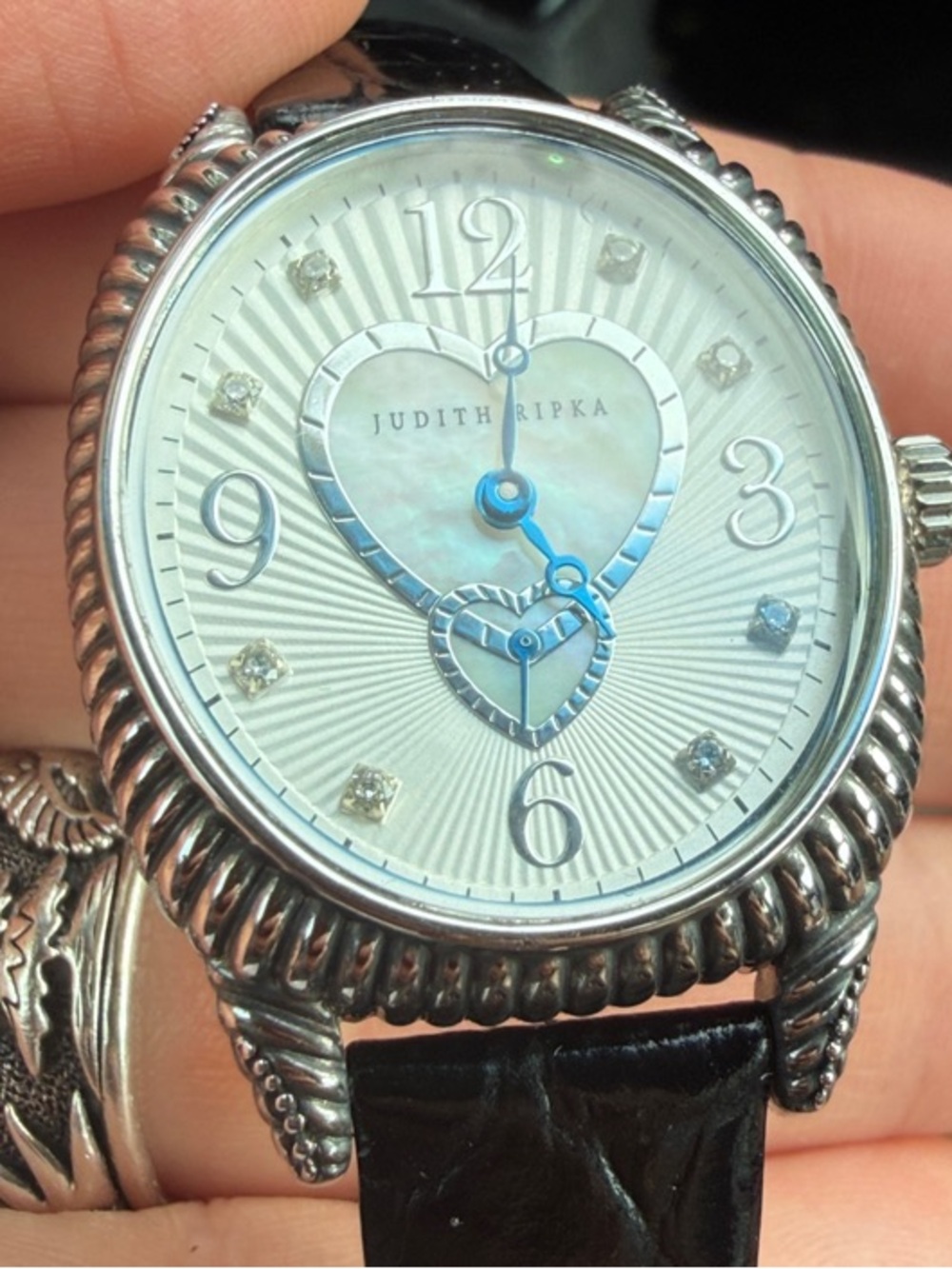 Judith Ripka Silver-Tone Watch with Black Strap and Blue Hands